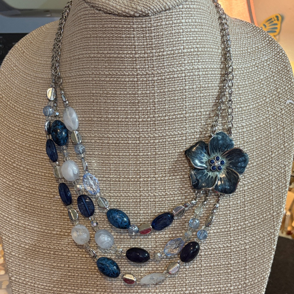 Nyc Blue And Silver Multi-Strand Floral Necklace